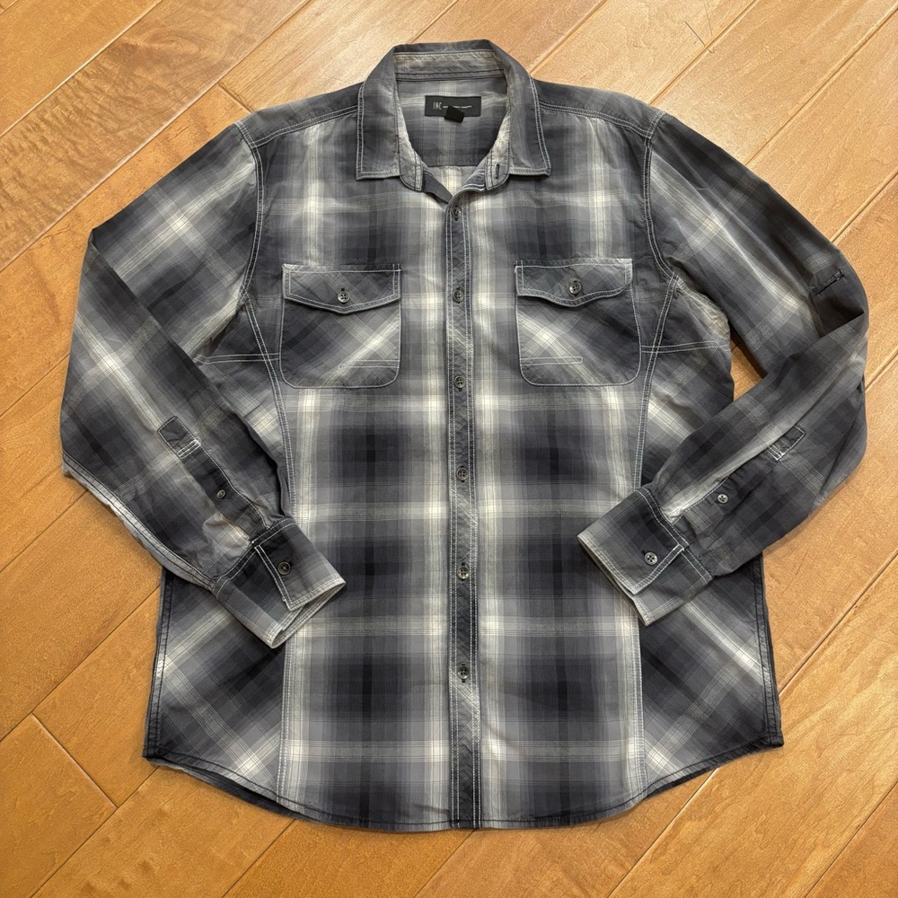 INC International Concepts Men’s Cotton Gray Plaid Long Sleeve Shirt Large